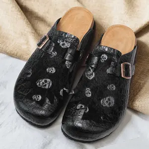 Unisex Summer Slippers,Fashionable black leather flat Clogs with skull patterns. Perfect for men who prefer relaxed outfits and have a street style. The insoles provide arch support and can be worn in both formal and casual settings-Gifted accessories