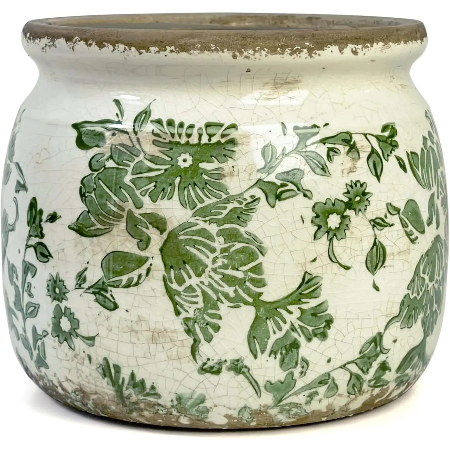 Vintage Ceramic Ice Crack Flower Pot with Drainage Holes - 6.22x6.22x5.31 Inch Farmhouse Classic Planters, Elegant Delicacy with Exquisite Floral Designs for Indoor Garden, Tuscan Home Decor, Gardening Gift, Rustic, Country