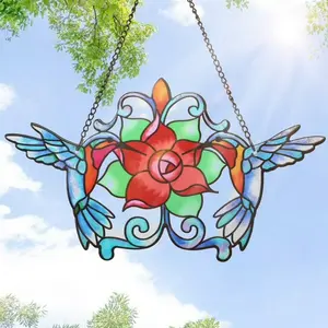 2PCS Glass Hummingbird Art Wall Decor-Hummingbird Stained Glass Decor Bathroom Glass Art Iron Sculpture Outdoor Hanging Decoration for Home Bedroom Garden Patio Porch or Fence Colorful Flower Light Gift Wing Ornaments Hangable book lover gift Window