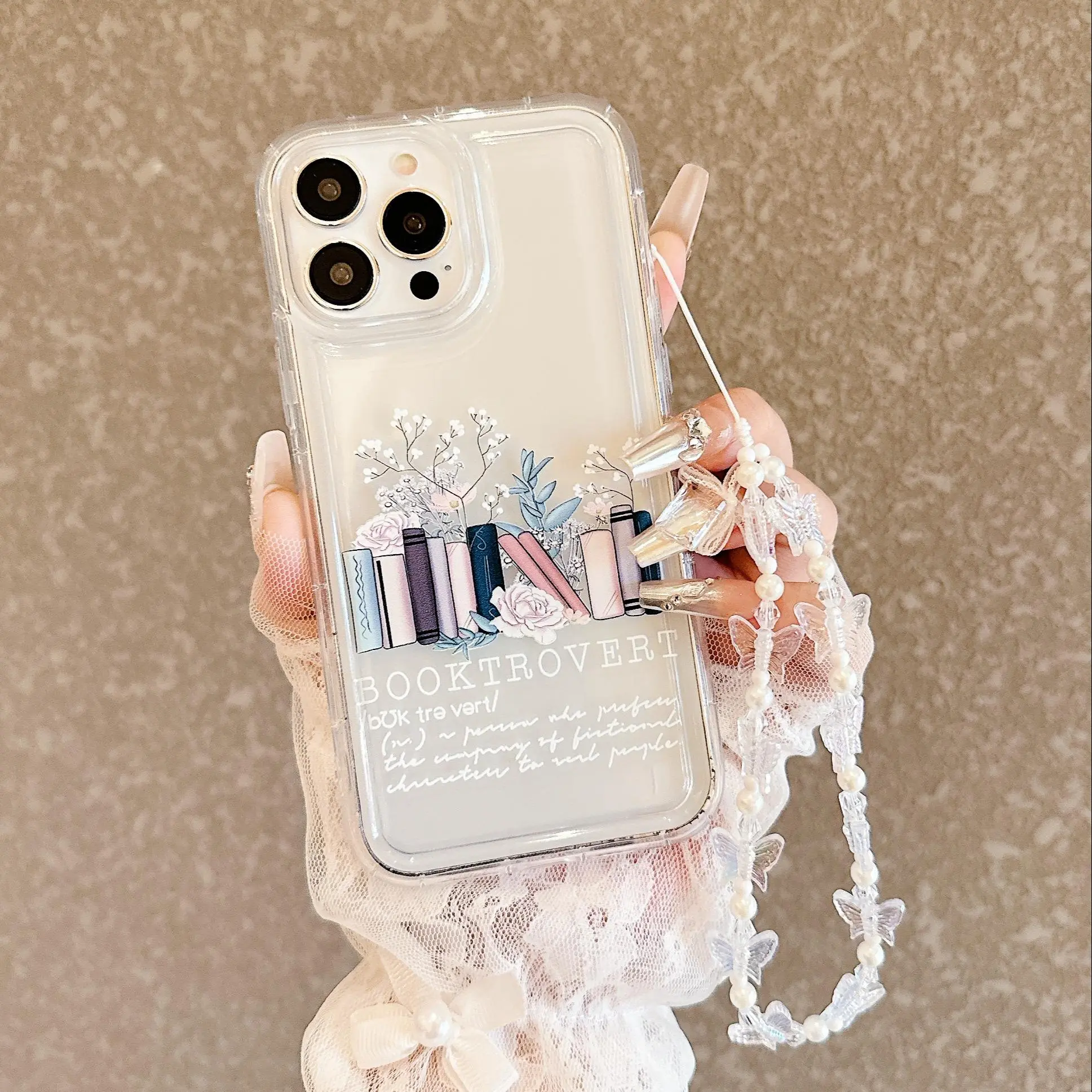 Soft TPU Book & Butterfly Pattern Smartphone Case with Transparent Butterfly Lanyard, Cute Decorative Protection Cover for iPhone 13/14/15/16/17 Pro Max, Women’s Mobile Device Accessory