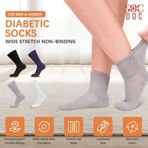 SOC DOC 6 Pairs Cotton Crew Socks with Non-Binding Top, Loose Fit for Diabetic & Neuropathy Relief 9-11, 10-13, 13-15