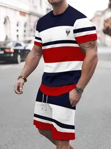 Men's Printed Short Sleeve T-Shirt and Shorts Matching Set, Casual Fashion Summer, Comfortable Clothing, Knee Length, Fitted Style, Outfit