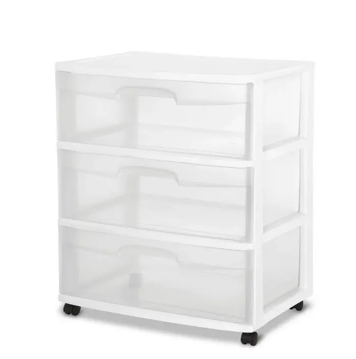 White-Clear 3-Drawer Wide Storage Cart with Caster Wheels, Home Organizer Storage Drawer Unit