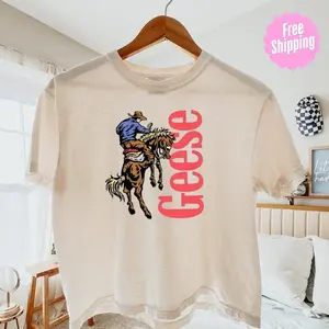 Goose Western Band Graphic Crop Tee Boxy Pigment Dyed Cotton Vintage Country Shirt