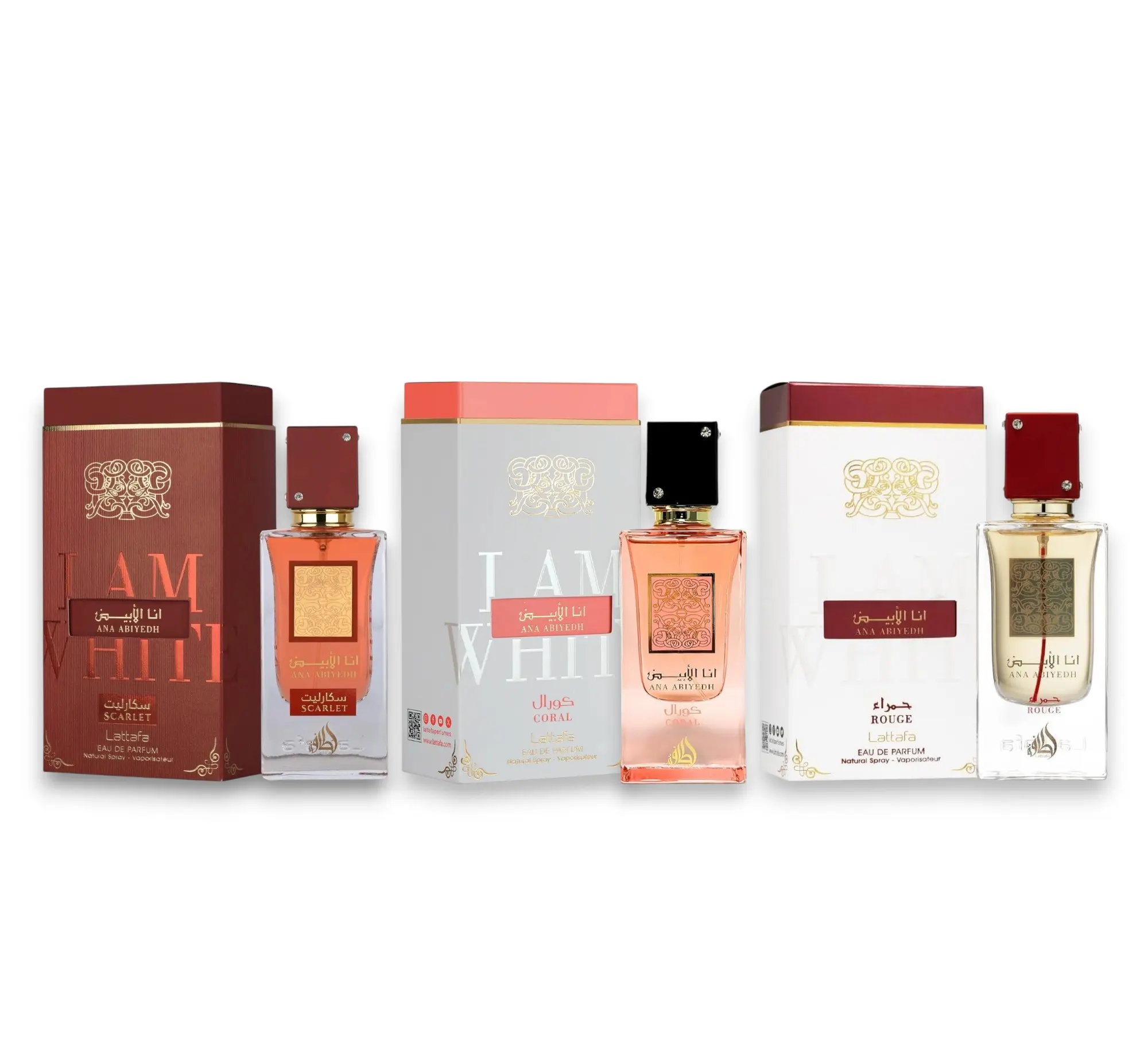 Lattafa Ana Abiyedh Multi-Pack (Scarlet, Coral, Rouge) Alcohol-Based Eau De Parfum, Unisex Wear Fragrance, 60 ML, Floral Notes of Black Cherry, Watermelon & Pink Pepper
