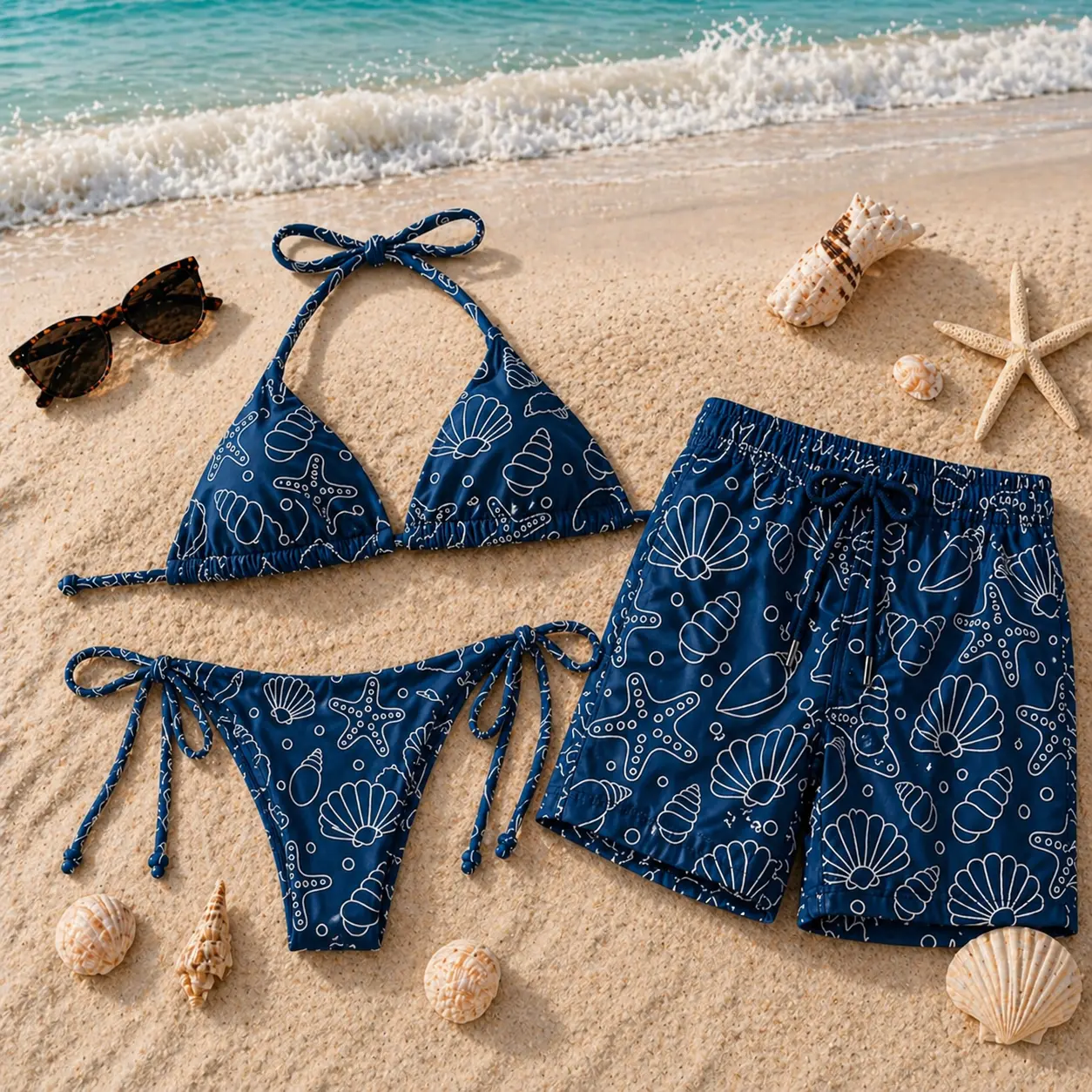 Matching Couple Swimsuit, Seashell Bikini, Men Swim Trunks, Ocean Beach Outfit, Summer Vacation Gift
