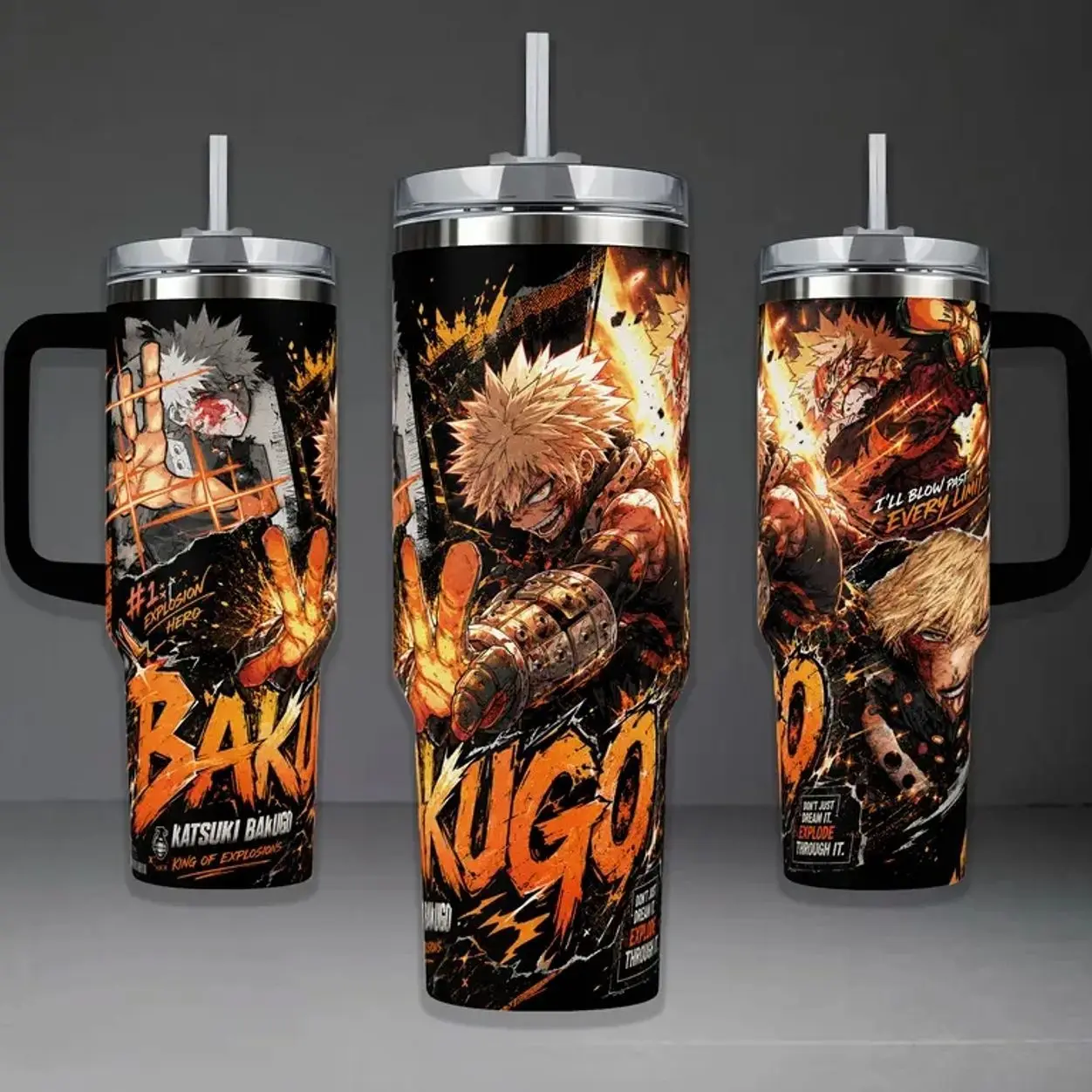 Katsuki Bakugo Inspired 20oz/30oz/40oz Stainless Steel Tumbler with Handle – Explosion Hero Double Wall Vacuum Insulated Travel Mug, Orange & Black Anime Fan Gift, Reusable Drinkware