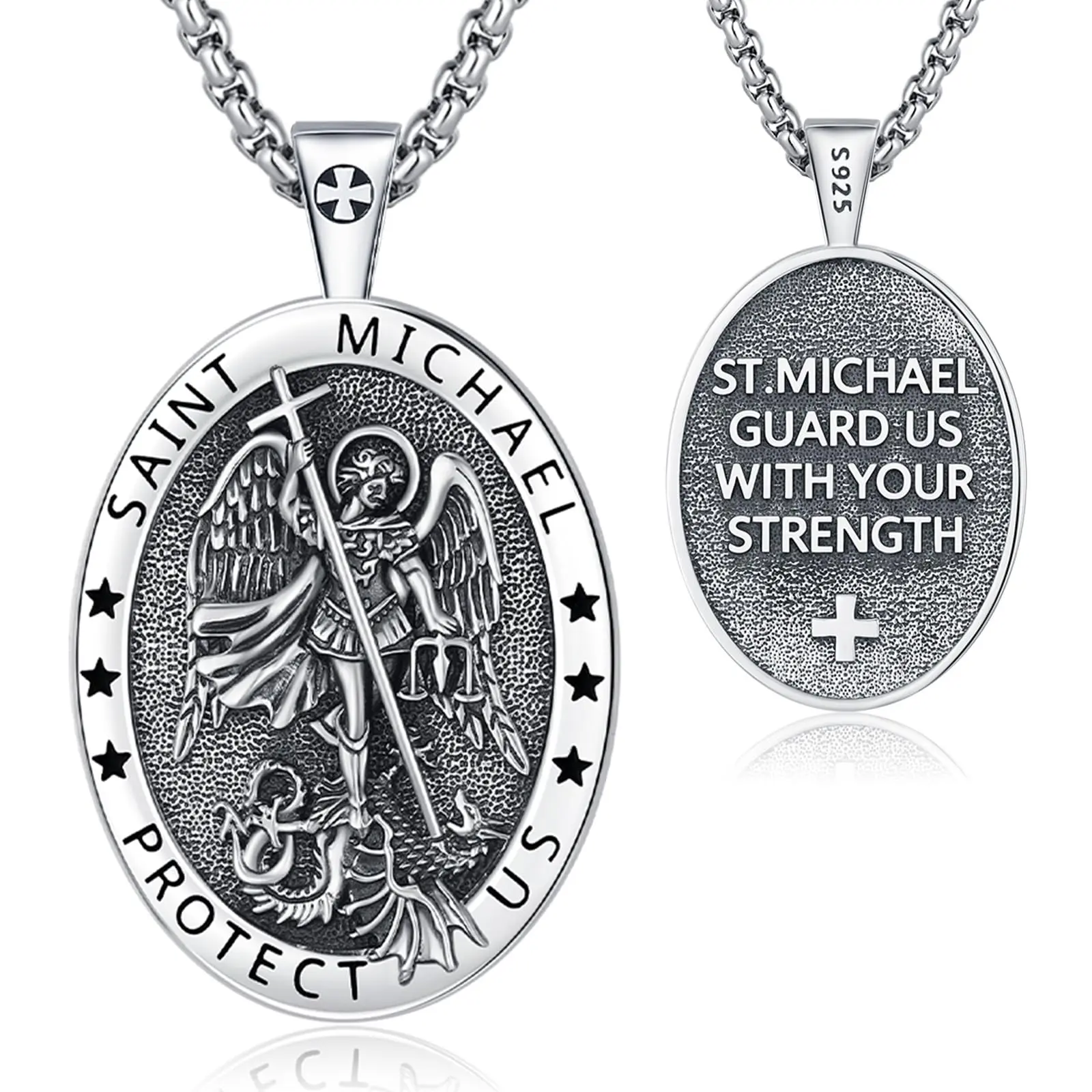 DRINSPER Saint Michael Necklace for Men, 925 Sterling Silver Religious Oval Pendant, Protection Amulet for Daily Wear & Religious Occasions, Pendant With Necklace, Casual, Engraved, Unisex, 22"+2" Box Chain, Nickel-Free, Elegant Silver Necklaces & Pendant
