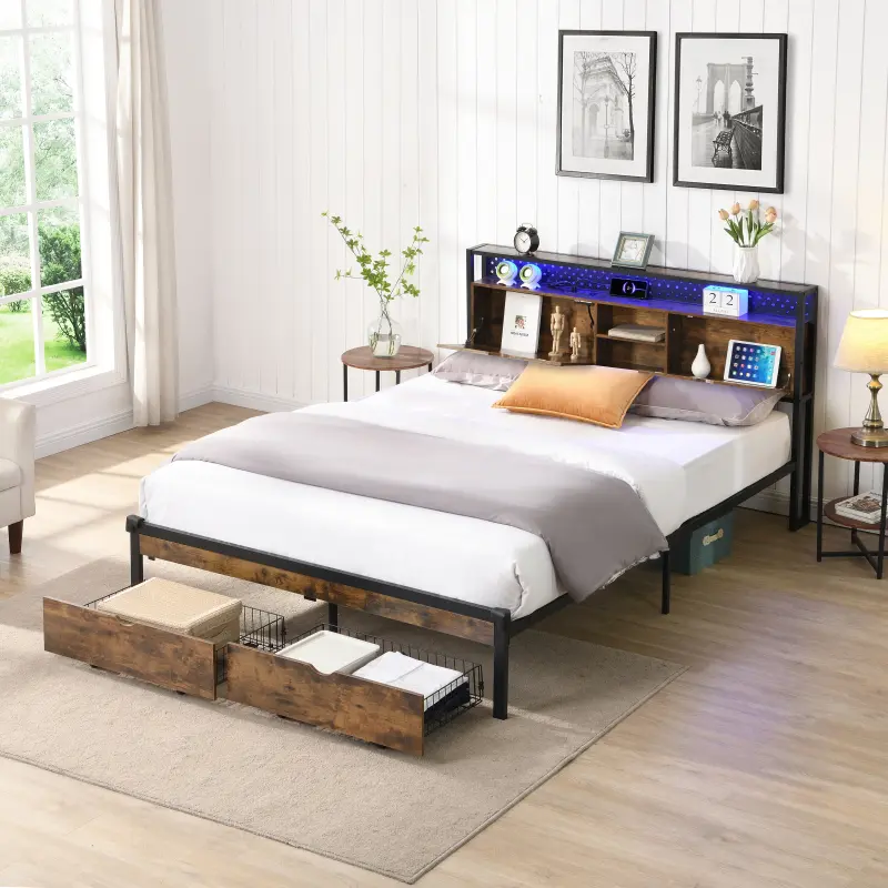 Full /Queen/KingSize Metal Platform Bed Frame with Wooden Headboard and with Footboard USB,Charging Station,2 Drawers,storage, LED Lights, No Box Spring Needed, Easy Assemble    RR