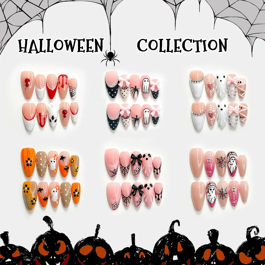 CuraTique HALLOWEEN COLLECTION Handcrafted Press Ons Nail - 10PCS 3D Gel Reusable, Spooky Spider Web Ghost Pumpkin Nail Art, for Parties, with Box, Multiple Uses, Nails Press On