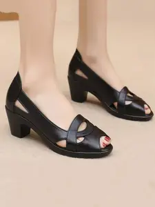Elegant Hollow Out Heeled Shoes for Women, Soft Leather Anti-Slip Breathable Design, Comfortable Fish Mouth Style for Middle Aged & Elderly