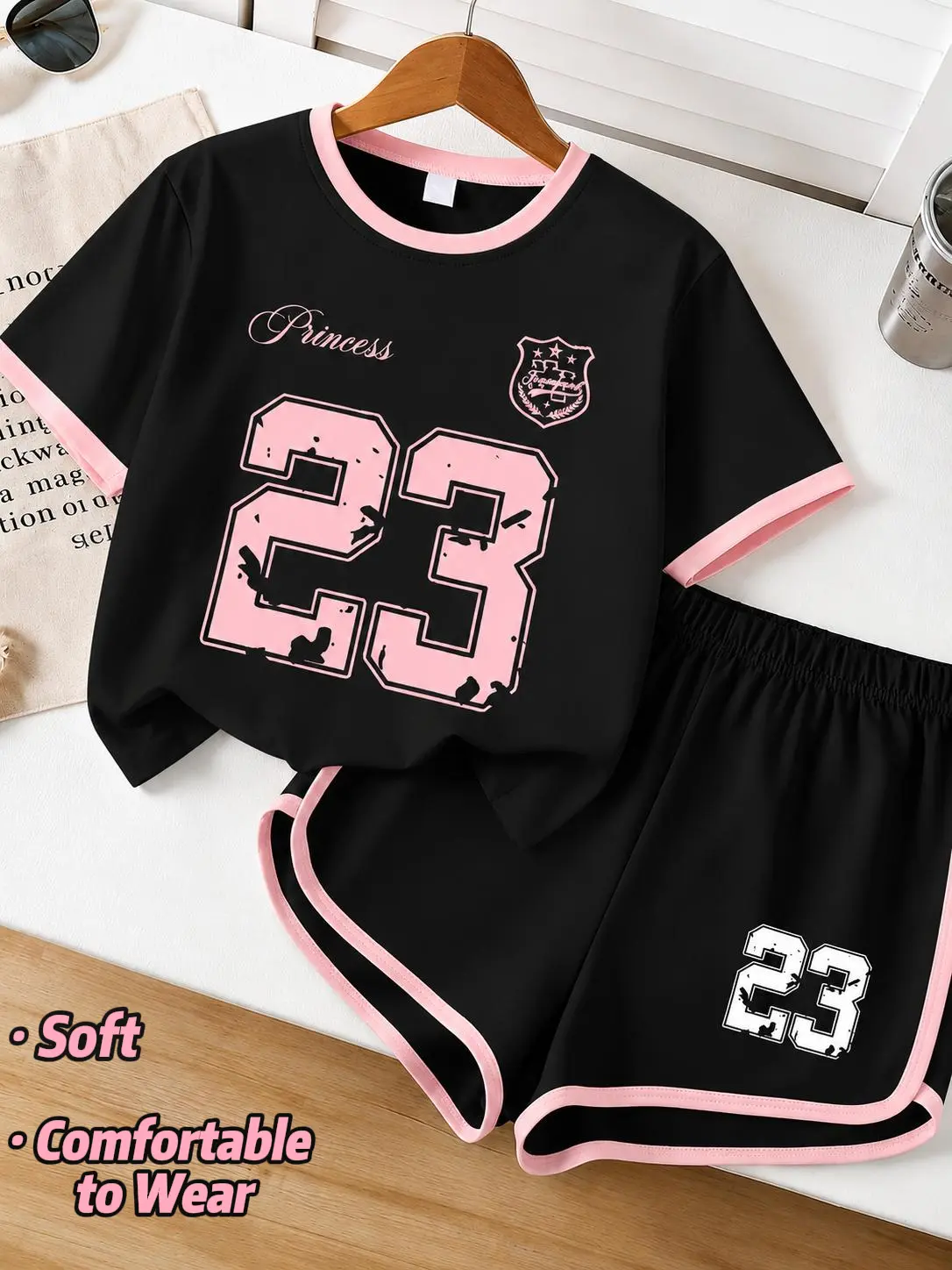 Girls' 2-Piece Summer Casual Tees Set - Varsity 23 Graphic Print T-Shirt, Contrast Trim Dolphin Shorts, Kids Clothing Girls Fashion Outfit, Gifting, Girls Aged 4–16