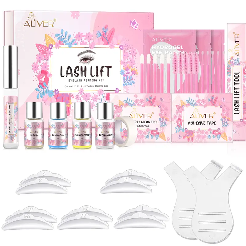 ALiver Eyelash Lift Perming Kit - Beauty & Personal Care, Adhesion False Eyelashes & Adhesives with Lash Pads, Cotton Swabs, Glue, Brushes, Cleaning Liquid, Purified Liquid, Fixing Agent, Perm Lotion, Nourishment Solution, Eye Patches, Lifting Bottle