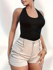 Women's High-Waist Solid Color Stretchy Sports Shorts - Zippered Pockets, Soft Texture, Casual Summer Wear for Outdoor Activities # quick-drying compression base layer short Womenswear Bottom Tank Top Basic Minimalist