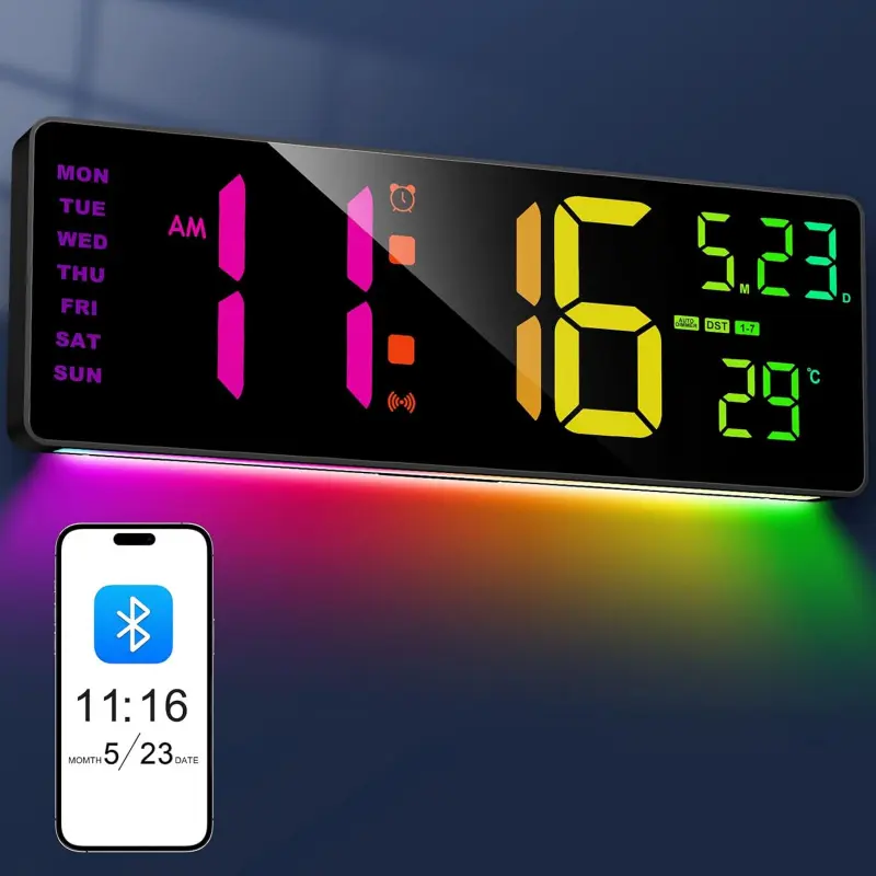 ZY 16.3 in Large Digital Wall Clock with Synthetic Shell, Remote Control, Auto Time Sync, 6-Color Night Lights, Adjustable Dimmer, 10 RGB Colors Changing Display for Home, Office, Gym S1 Decor