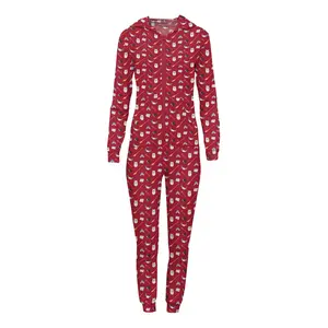Women's Print Long Sleeve Jumpsuit with Hood in Crimson Magical World