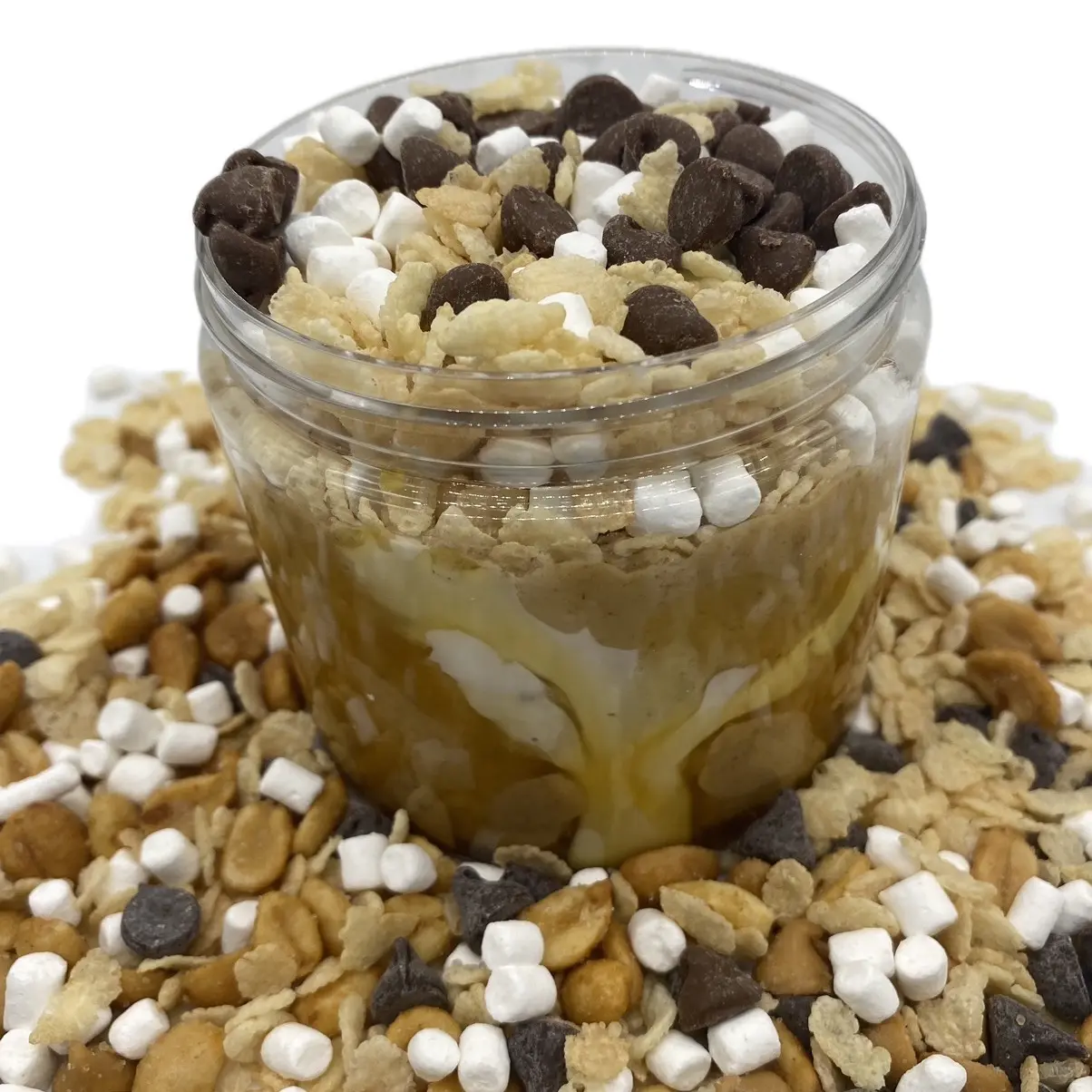 Scotcheroo - Butterscotch Peanut Butter Dessert - Swirled w/ Yum Yum Butterscotch Sauce, Marshmallow Crème topped w/ Rice Crispies, Mini Marshmallows & Chocolate Chips