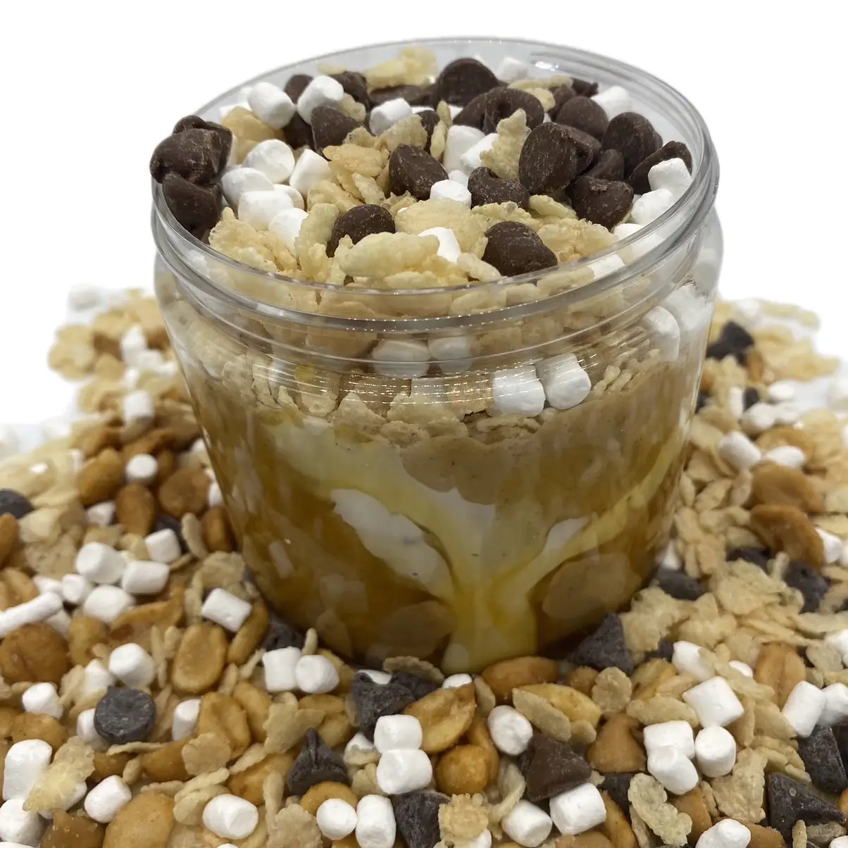 Scotcheroo - Butterscotch Peanut Butter Dessert - Swirled w/ Yum Yum Butterscotch Sauce, Marshmallow Crème topped w/ Rice Crispies, Mini Marshmallows