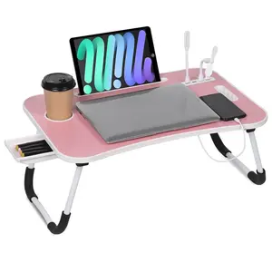 Oversized Laptop Bed Desk, Portable Foldable Laptop Table, Computer Desk Tray Table with 4 USB Ports, Storage Drawer and Cup Holder, for Bed/Couch Working Reading Writing