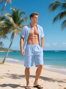 Men's Solid Color Shortsleeve Linen Tee & Shorts Set, Regular Fit Casual Short Sleeve T-shirt & Shorts, Men's Summer Clothes for Beach Vacation, Tropical Menswear, Plain Shorts Set, Lounge Shorts, Casual Outfit Set