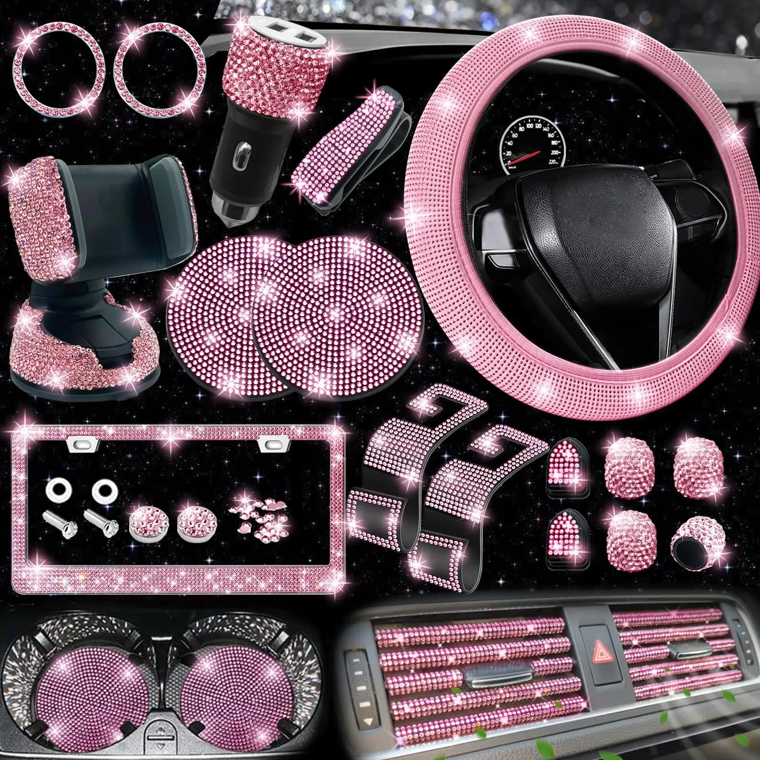 27-Piece Bling Rhinestone Cars Accessories Gift Set - Cute Car Decor Adds Glamour, Universal Fit Steering Wheel Cover, License Plate Frame, Phone Holder, Fast Charger, Pink Coasters