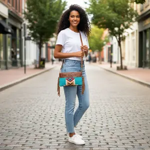 Cross Shoulder Crunch Leather Bag with Tooling Patch. 5326D