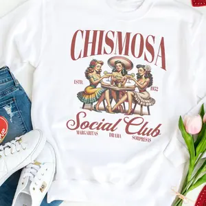 Chismosa Social Club T-Shirt Latina Tee Mexican Gift Latinx Funny Tshirt Hispanic Trendy Retro Margarita Cafe Top Women's Sweatshirt Casual Machine Washable Adjustable Drawstring Hoodie