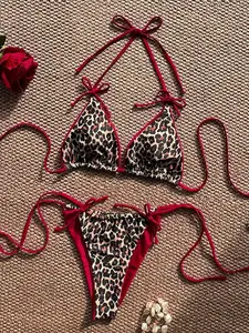 SIRENA Summer Leopard Print Bowknot Front Halter Spaghetti Strap Bikini Swimwear Set For Women