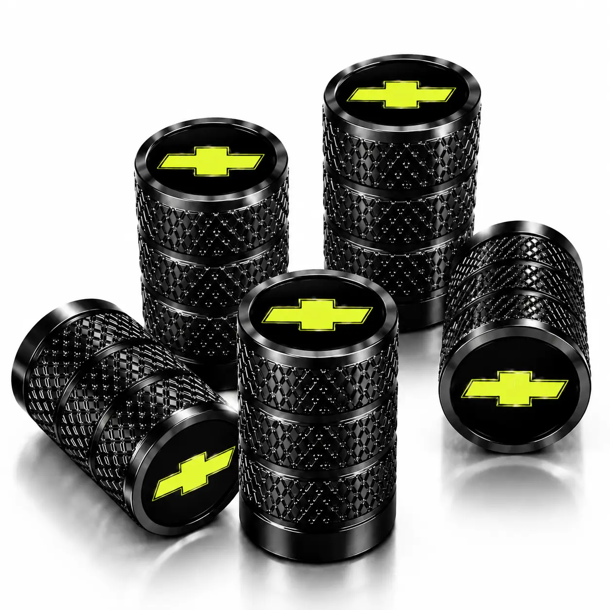 5-Pack CNC Machined Aluminum Tire Valve Caps for Chevrolet Silverado Equinox Trax Tahoe Suburban, Automotive Heavy-Duty Rustproof O-Ring Seal, Leak Proof, All-Weather Dust Protection, Tool-Free Installation, Car Truck SUV Exterior Replacement Parts