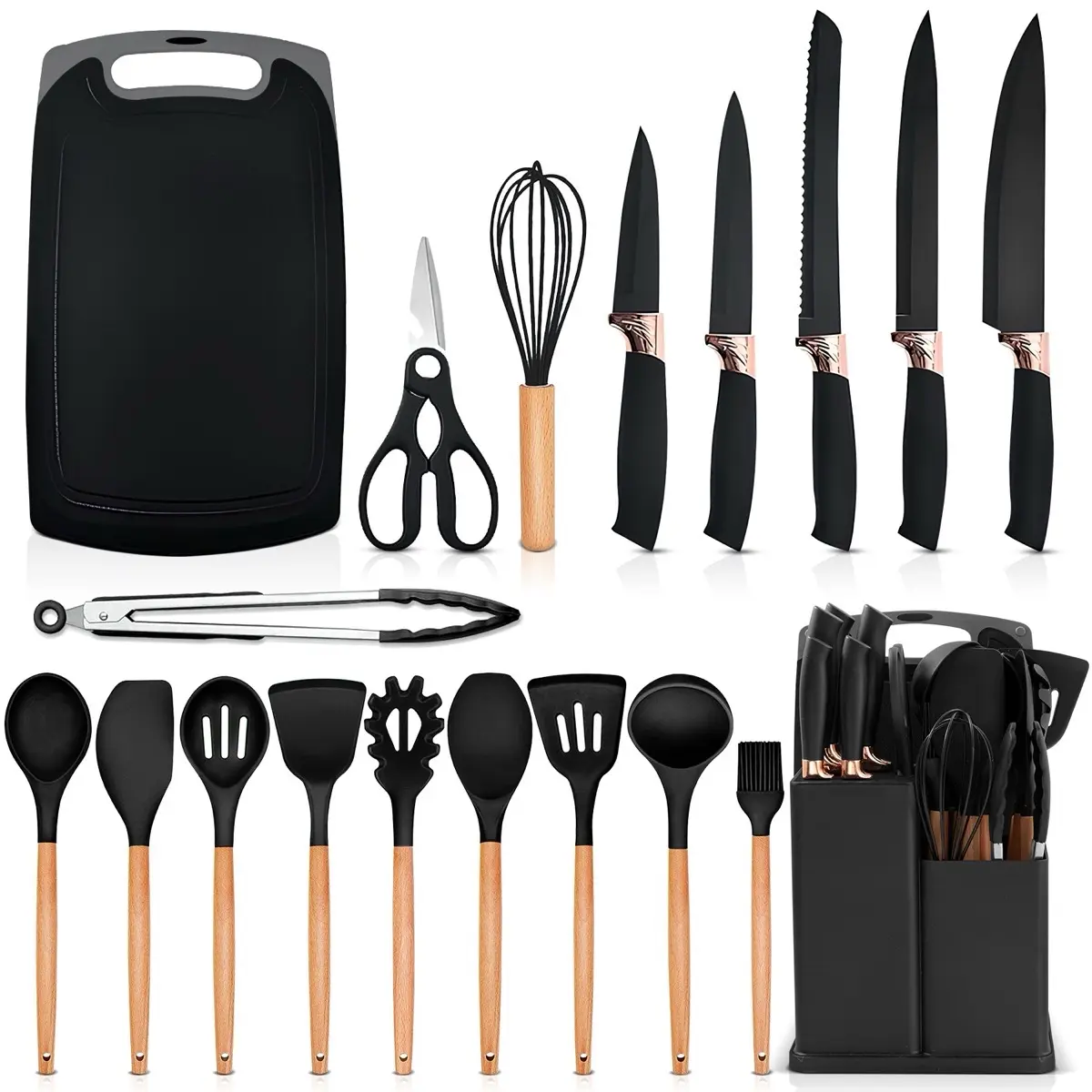 A&K's Silicone Utensils set, non-stick cooking set, silicone spatula, Heat resistant, 6 pieces knife set, cutting board (19 Pcs Black) Cookware Kitchen