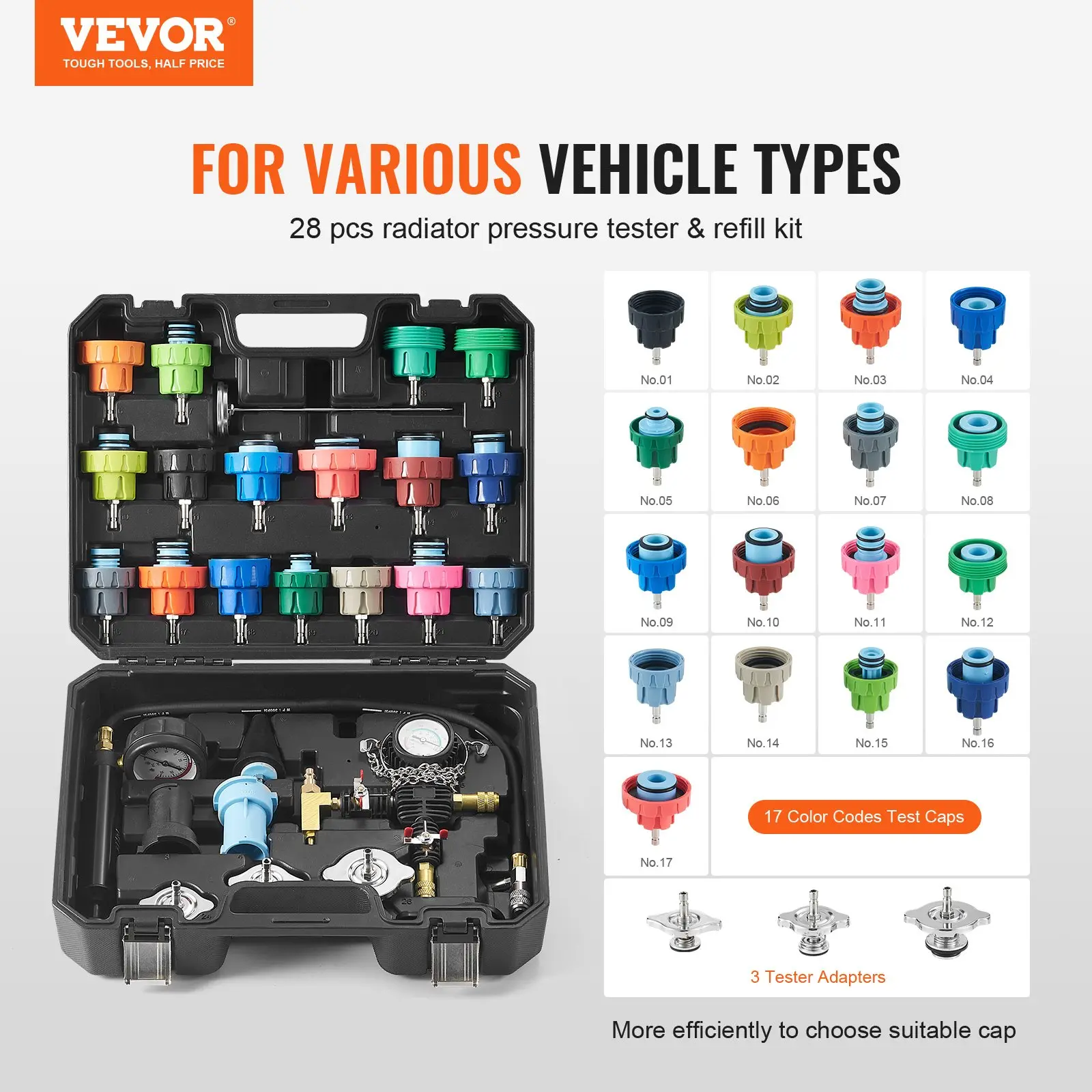 【summerfinds】VEVOR 28-Piece Metal Car Radiator Pressure Tester Kit (0-35 psi) - 17 Color-Coded Test Caps, Coolant Vacuum Purge & Refill Tool Adapters, Automotive Maintenance Tools for Repair, Father's Day Gift