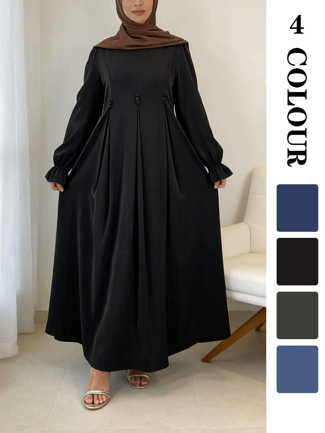 Nida Fabric Muslim Long Robe, 4 Colors 5 Sizes, Modest Muslim Outfits, Islamic Clothes, Modest Clothes, Modest Islamic Clothing, Bubble Sleeve & Pleated Design, Smooth Draping, Perfect for Prayer & Street Wear