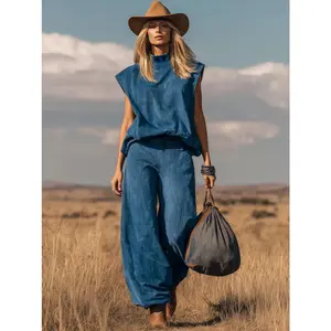 [0055]  Women's Western Suede Two-Piece Set|   Sleeveless Turtleneck Top & Wide Leg Pants Outfit (Multiple Colors)