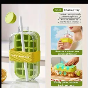 Cool Summer 2-in-1 Portable Ice Cube Maker Water Bottle with Straw Easy Ice Release Leak-Proof Travel & Home Drink Cooler Green Cool Ice Tray
