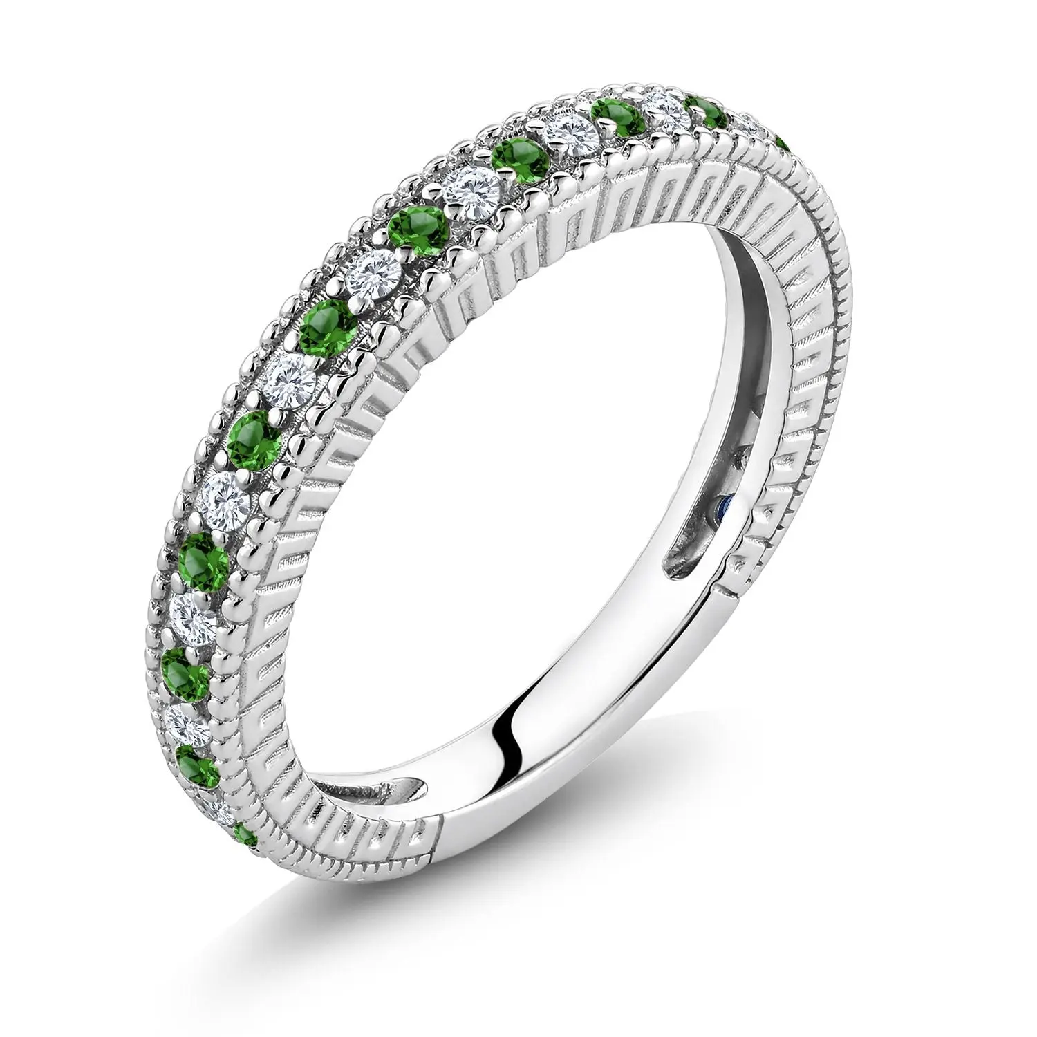 Green Simulated Emerald and White Created Sapphire Ring | 925 Silver | Anniversary Wedding Band Ring For Women | 0.48 Cttw | Wedding Engagement Anniversary Promise Ring