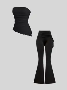 Women's Strapless Fitted Crop Top & Long Pants Set, Casual Comfortable Fashion, Versatile Style, Perfect for Daily Wear