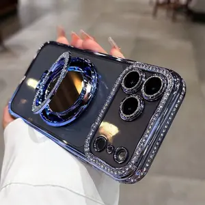 Flash Pink Lens Film Mirror Holder Phone Case, All-Inclusive Protective Cover for iPhone 17 Pro Max, 16 Pro, 15, 14, 13, 12, 11, Airbag Shockproof, Anti-Fingerprint, Long-Lasting, Anti-Yellowing