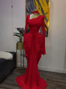 PULKRITU Women's Asymmetrical Neckline Flared Long Sleeve Ruffled Stacked Dress, Formal, Autumn Birthday Party Evening Gown with Scarf Bodycon Midi Ruched Side Maxi Dress, Fashion Streetwear Clothing, Floor Length Dress, Womenswear, Lady