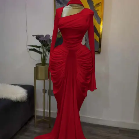 PULKRITU Women's Asymmetrical Neckline Flared Long Sleeve Ruffled Stacked Dress, Autumn Birthday Party Elegant Evening Gown with Scarf Bodycon Midi Ruched Side Maxi Dress, Fashion Streetwear Clothing, Floor Length Dress, Womenswear