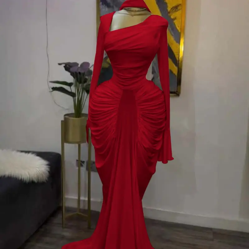 PULKRITU Women's Asymmetrical Neckline Flared Long Sleeve Ruffled Stacked Dress, Autumn Birthday Party Elegant Evening Gown with Scarf Bodycon Midi Ruched Side Maxi Dress, Fashion Streetwear Clothing, Floor Length Dress, Womenswear