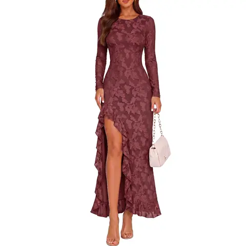 BORIFLORS Women's Fall Long Sleeve Maxi Wedding Guest Dress, Floral Embroidery Mesh Bodycon Sexy High Slit Crew Neck Ruffle Double-Lined Dress, Elegant Formal Evening Cocktail Prom Party Outfit, Black Friday Deals, Halloween Party Clothes,Y2K Clubwear