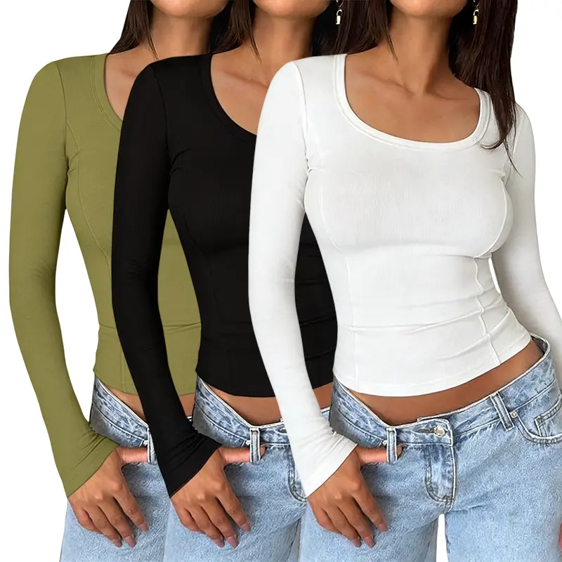 3 Pack Long Sleeve Basic Crop Tops - Women's Crewneck & Turtleneck Slim Fit, Y2K Korean Style, Minimalist Layering Shirts for Casual Everyday