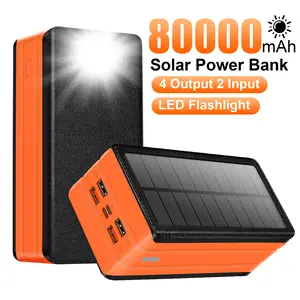 solar Power Bank 80000mah Battery Pack 22.5W Fast Charging USB-C in&Out with 9 LED Lights 3 Modes Flashlight Compatible with iPhone Tablet Earphone for Camping Outdoor