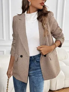 Women's Gingham Print Button Pocket Trendy Blazer, Casual Long Sleeve Outerwear for Fall & Winter, Ladies Clothes for Work Office Business, Woven
