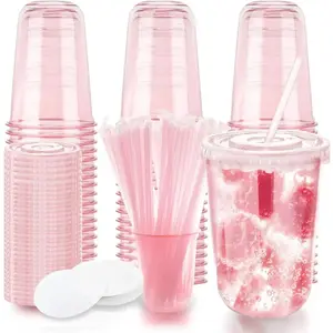 16oz Disposable Stemless Glasses with Flat Lids and Straws,PET Disposable Drinking Cups,Clear Plastic Wine Glasses for Parties Birthday,Wedding,Meeting,Christmas Party Supplies. (50, Pink)