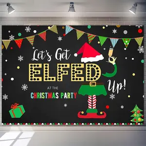 Let's Get Elfed Up Photography Backdrop Christmas Ugly Sweater Party Decor with Santa Hat Snowflakes Gift Boxes Durable Polyester Fabric 230x180 cm for Holiday Photo Booth Friendsmas Weddings