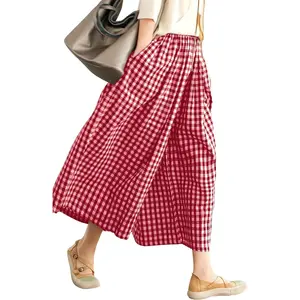Cotton Linen Wide Leg Culottes Pants Elastic Waist Plaid Gingham Capri Palazzo Pants