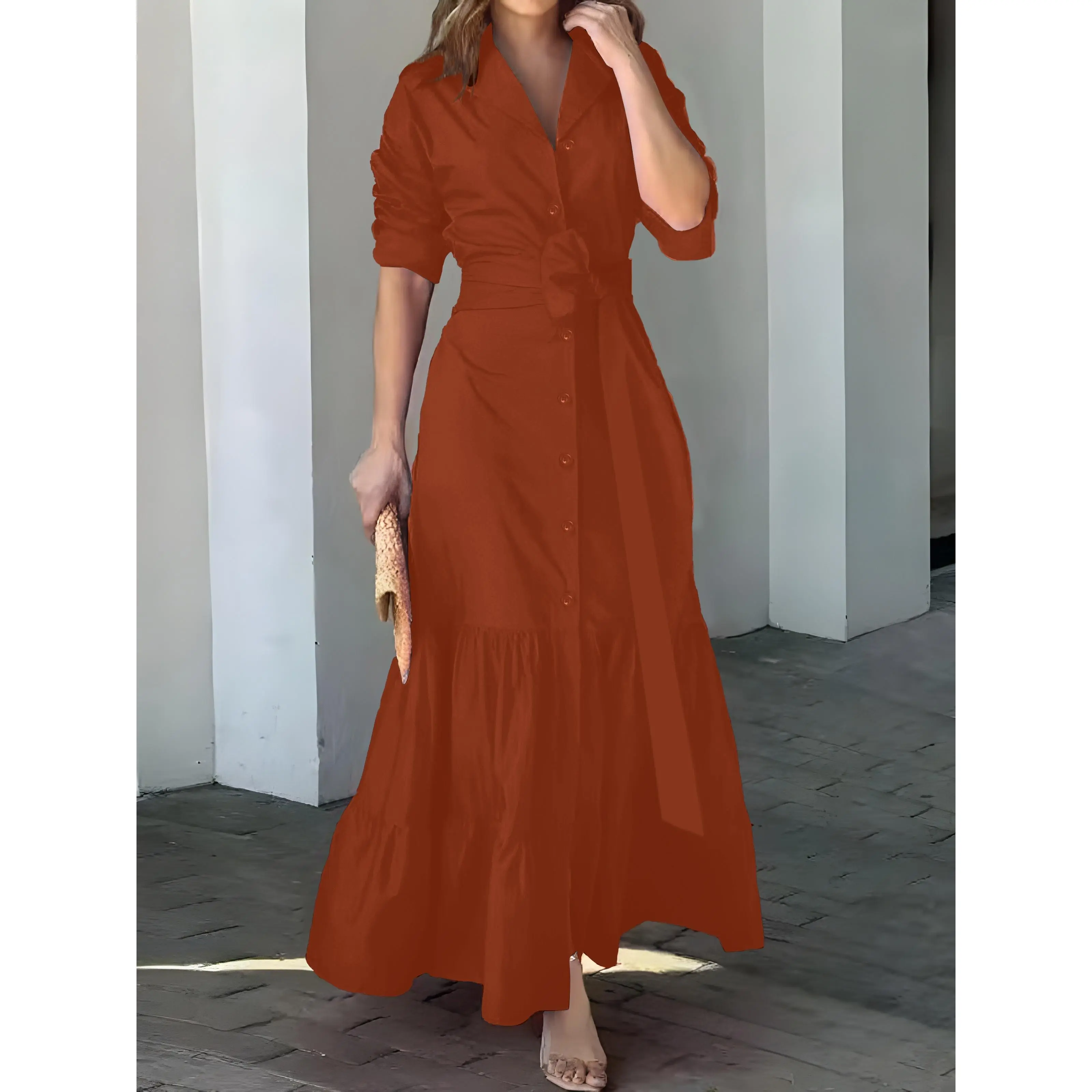 Solid Button Front Belted Dress, Elegant Ruched Sleeve Ruffle Trim Maxi Dress - Women's Clothing - Elegant & Flowy Design - For Special Occasions & Parties - Perfect Gift for Women - TikTok Shop Solid Button Front Belted Dress, Elegant Ruched Sleeve Ruffle Trim Maxi Dress - Women's Clothing - Elegant & Flowy Design - For Special Occasions & Parties - Perfect Gift for Women - TikTok Shop