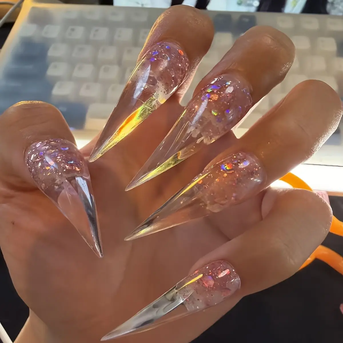 10pcs Gradient Pointed Press-On Nails, Elegant Reusable Fake Nails, Rainbow Color Nail Tips, Perfect for Weddings and Gifts, False Acrylic Nails