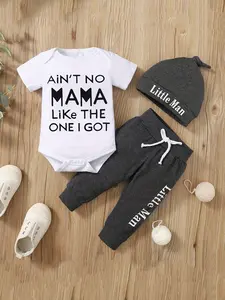 Unisex Baby Onesie Set, Polyester Casual Newborn Clothing 3-Piece, Comfortable Infant with Hat, Above the Ankle Fit